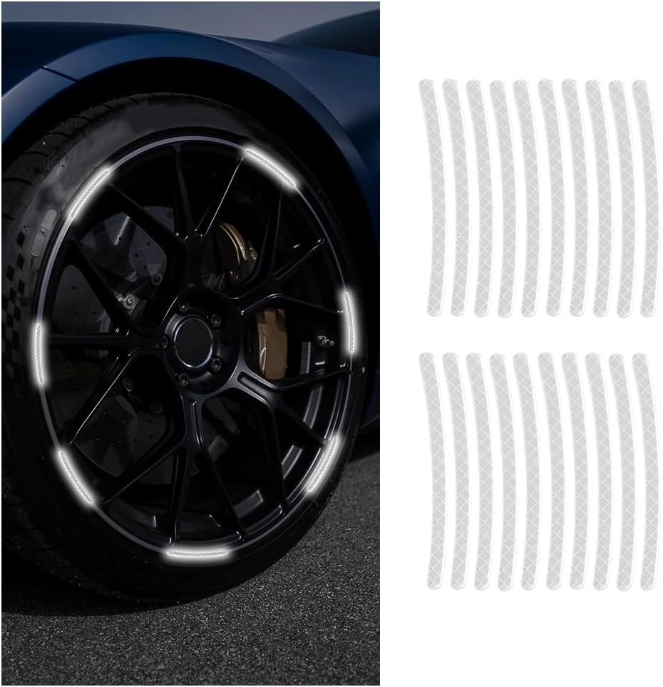 20PCS Reflective Car Wheel Decorative Stripe Stickers, Fluorescent Auto Night Safety Warning Sticker, Anti Scratch Waterproof Wheel Rims Tape Decal, Universal Vehicle Accessories (White)