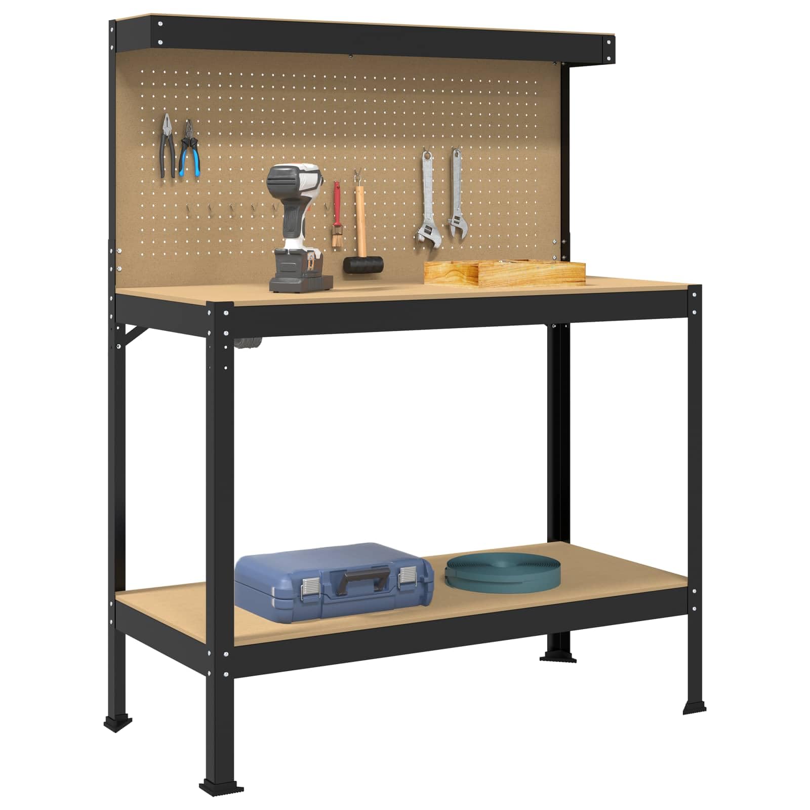 Banco de trabajo negro de madera contrachapada y metal, 114 x 54 x 145 cm, con cajón y pared perforada, almacenamiento práctico para taller, garaje, sala de ocio, superficie de trabajo