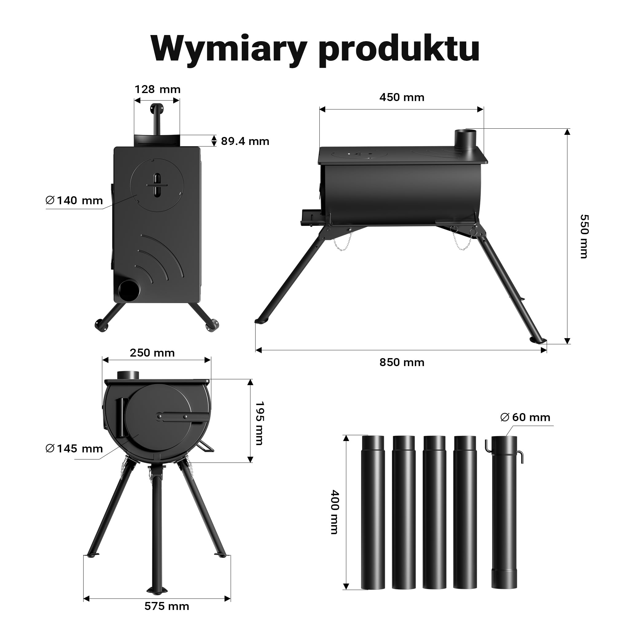 Wiltec Piec do namiotu na drewno ze stali Q235, piecyk 85 x 57,5 x 238 cm z kominkiem Ø 6 cm pod namiot, wszechstronność na biwaku