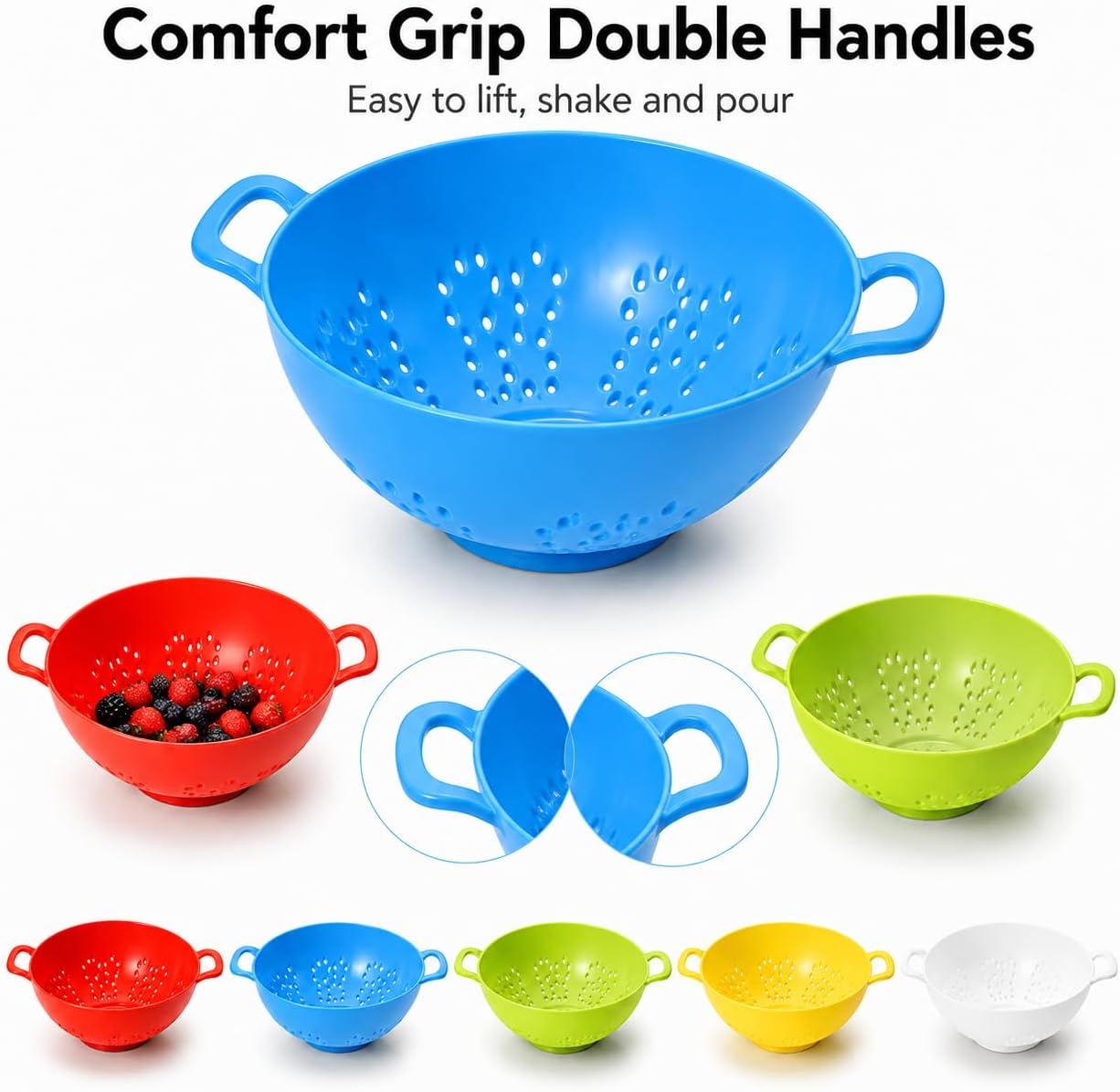 Mini Colander/fruit strainer for Kitchen, Plastic Berry Strainer with Double Handles, Small Mesh Strainer for Washing Fruits and Vegetables