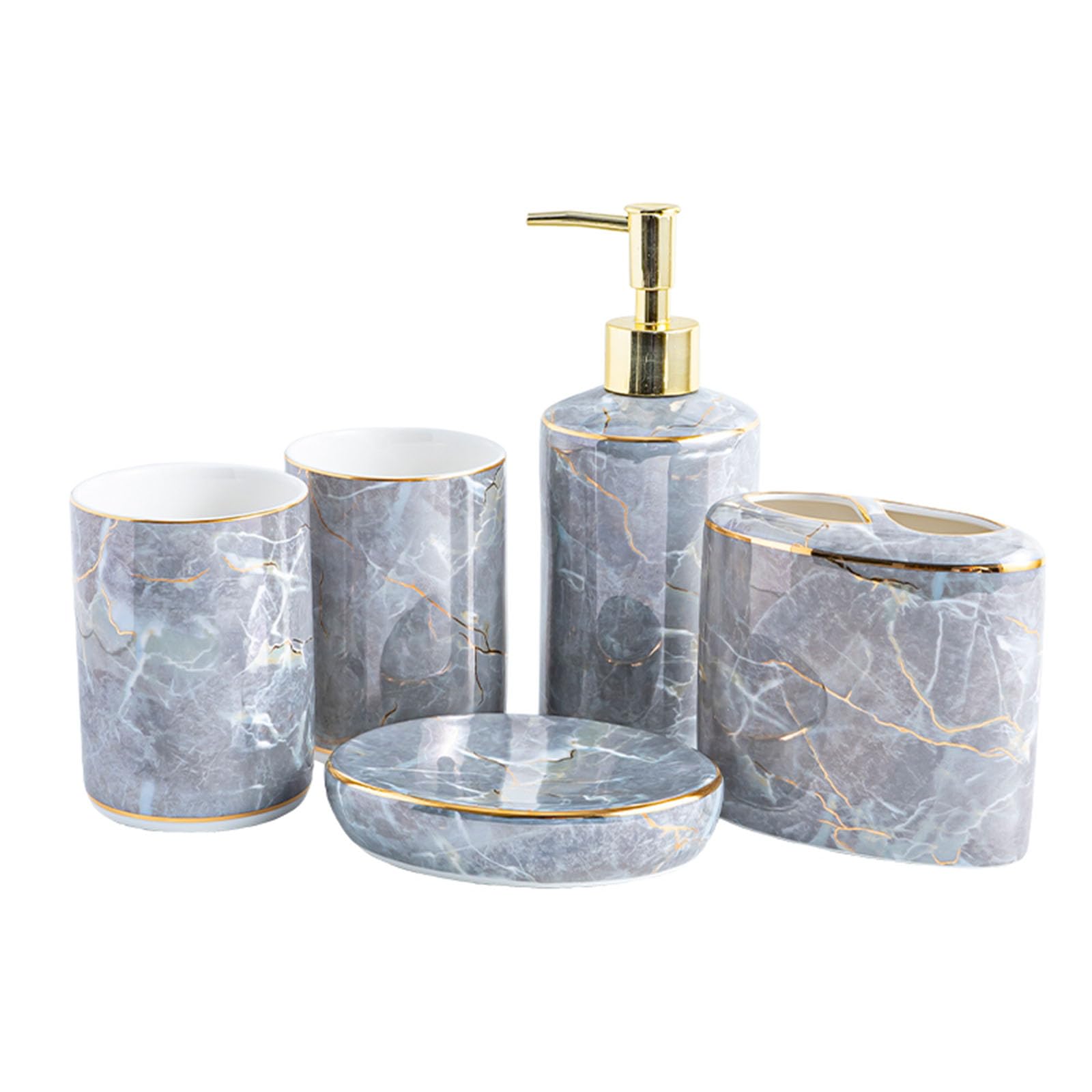 Tauzveok Grey 5 Piece Bathroom Soap Dispenser Set, Ceramic Toothbrush Mug Set, Marble Look, With Lotion Dispenser, Toothbrush Mug, Soap Dish,