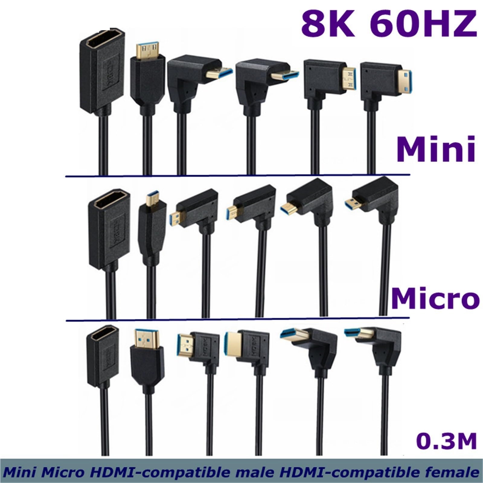 0,3 m, kąt 90 stopni, 8K60 Hz, Micro Mini HDMI, kompatybilny z HDMI, gniazdo kablowe, tablet, adapter TV (A UP)