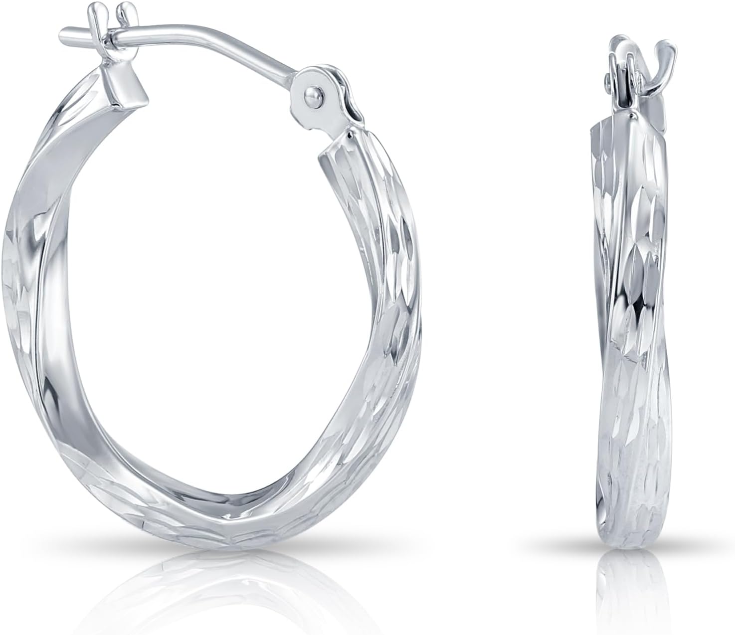10K White Gold Diamond-Cut Twisted Round Hoop Earrings