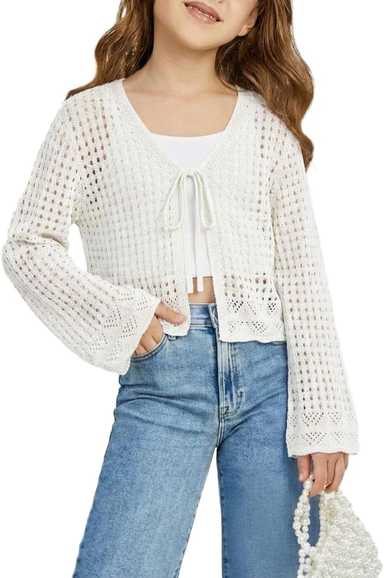 Girl's Tie Front Bell Sleeve Crochet Cardigan Hollow Out Long Sleeve Knit Crop Cover Up Top 5-14Y