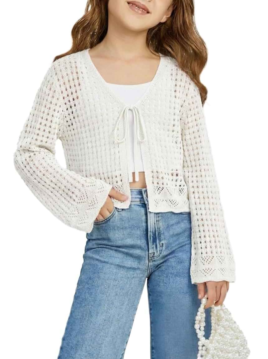 Girl's Tie Front Bell Sleeve Crochet Cardigan Hollow Out Long Sleeve Knit Crop Cover Up Top 5-14Y Long Sleeve