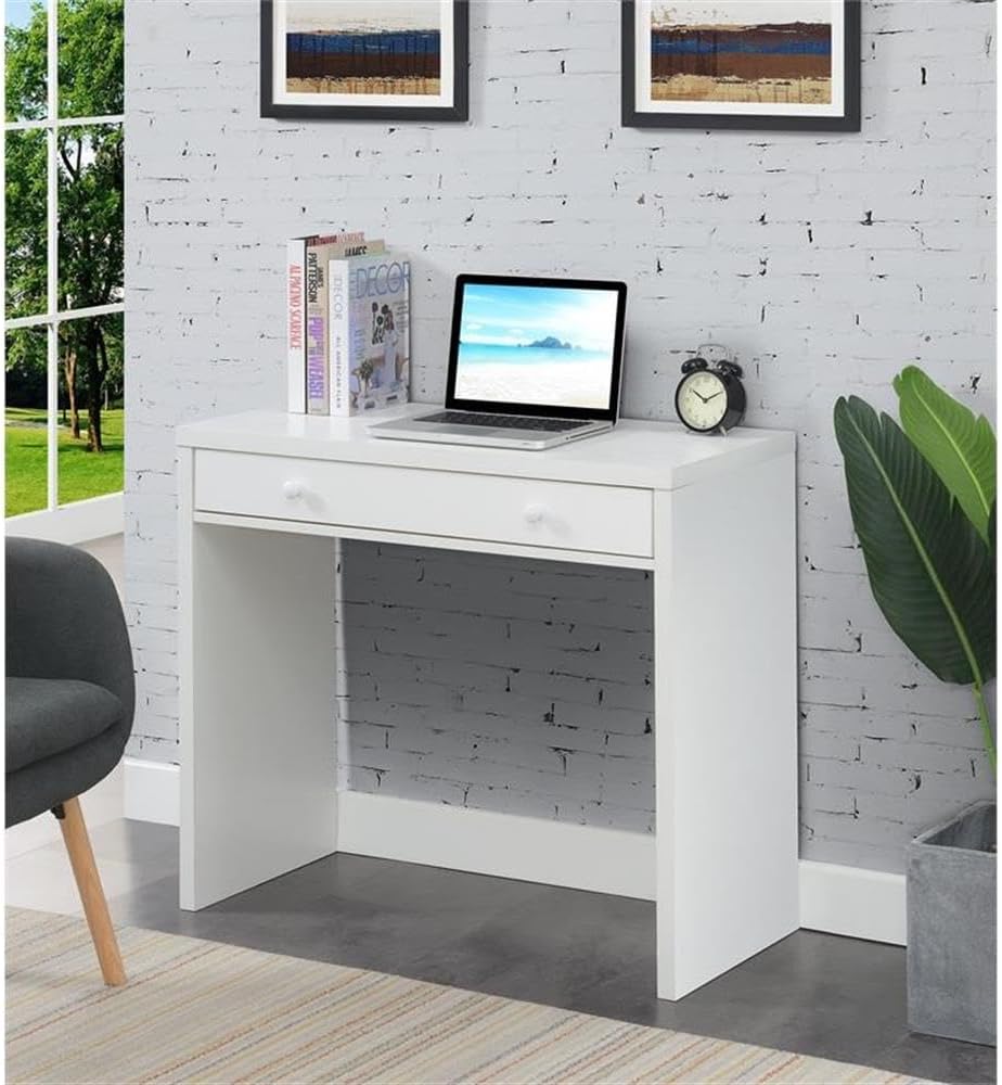Pemberly Row Contemporary 36-Inch Desk with Drawer, White Wood Finish, MDF and Honeycomb Board Construction, Modern Home Office Desk for Computer Work and Storage, 36 x 15.75 x 30 Inches