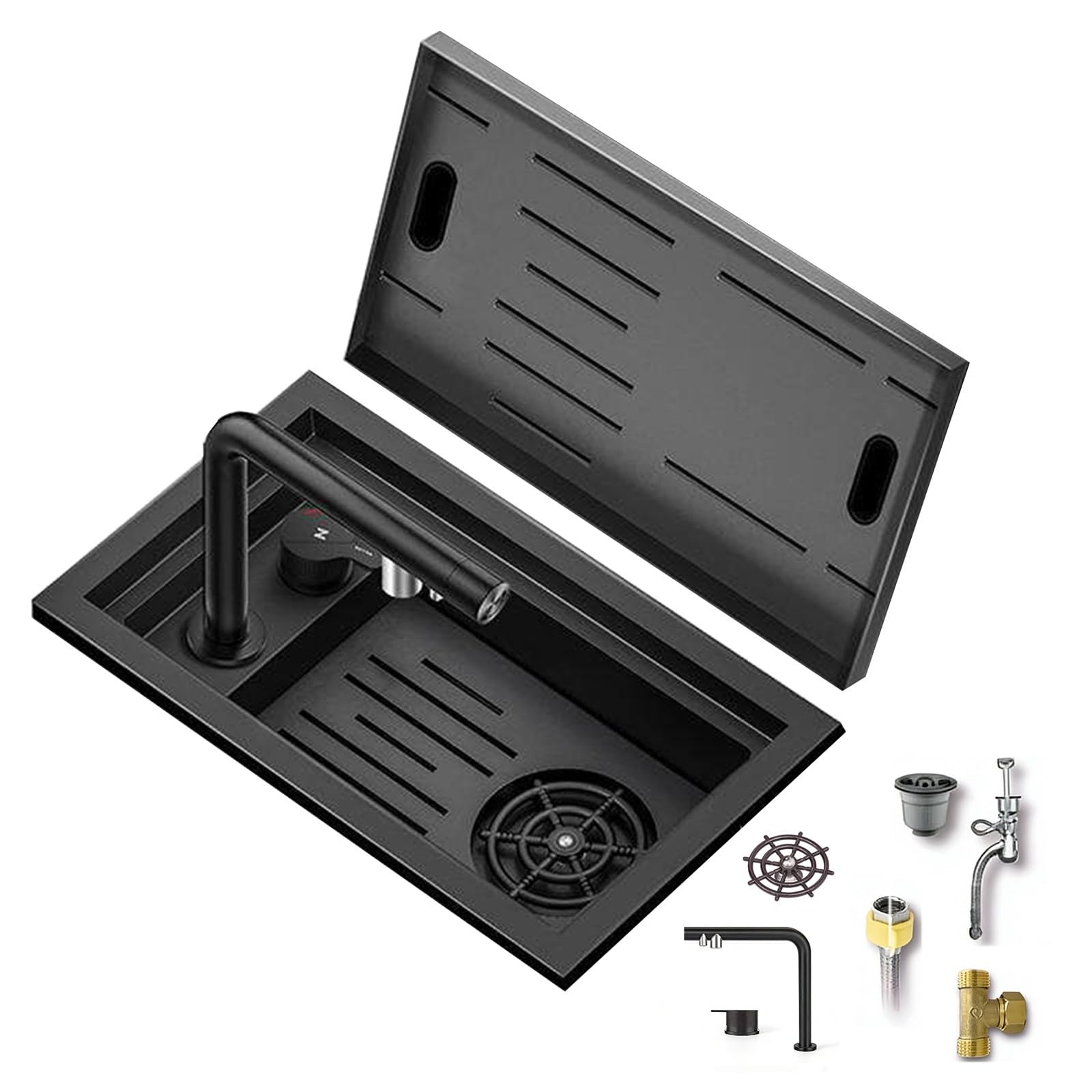 Fregadero Camper, Lavabo Caravana con Grifo, Fregadero Multifunción Oculto con Lavavasos Combinado, Fregadero de Acero Inoxidable para Barra de Camping