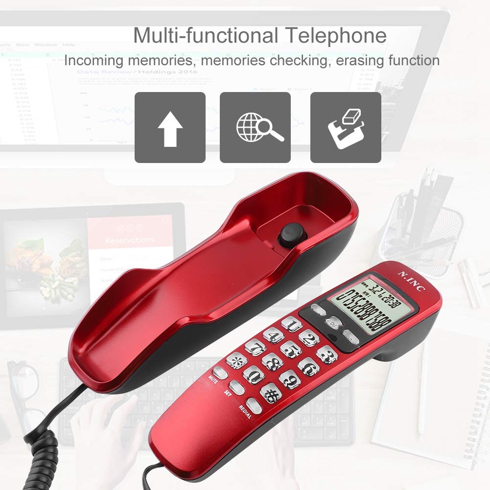 ASHATA Wandtelefon Schnurtelefon, LCD Schnurgebundenes Telefon FSK/DTMF Dual Anrufer ID Kompakttelefon,Multifunktion Schnurgebundenes Analog Telefon für Hause Büro usw.(Rot)