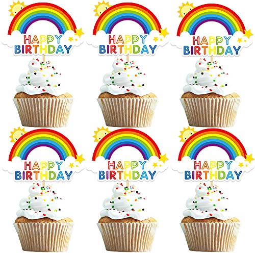 24 Pcs Rainbow Happy Birthday Cupcake Toppers Colorful Rainbow Cake Topper Happy Birthday Cake Toppers Picks For Rainbow Birthday Party Decoration Supplies #TOP4