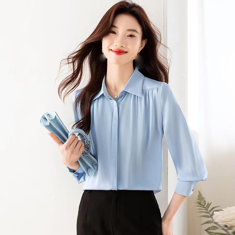 Women's Spring Summer Elegant Solid Long Sleeve Shirt Loose Casual Satin Blouse Top
