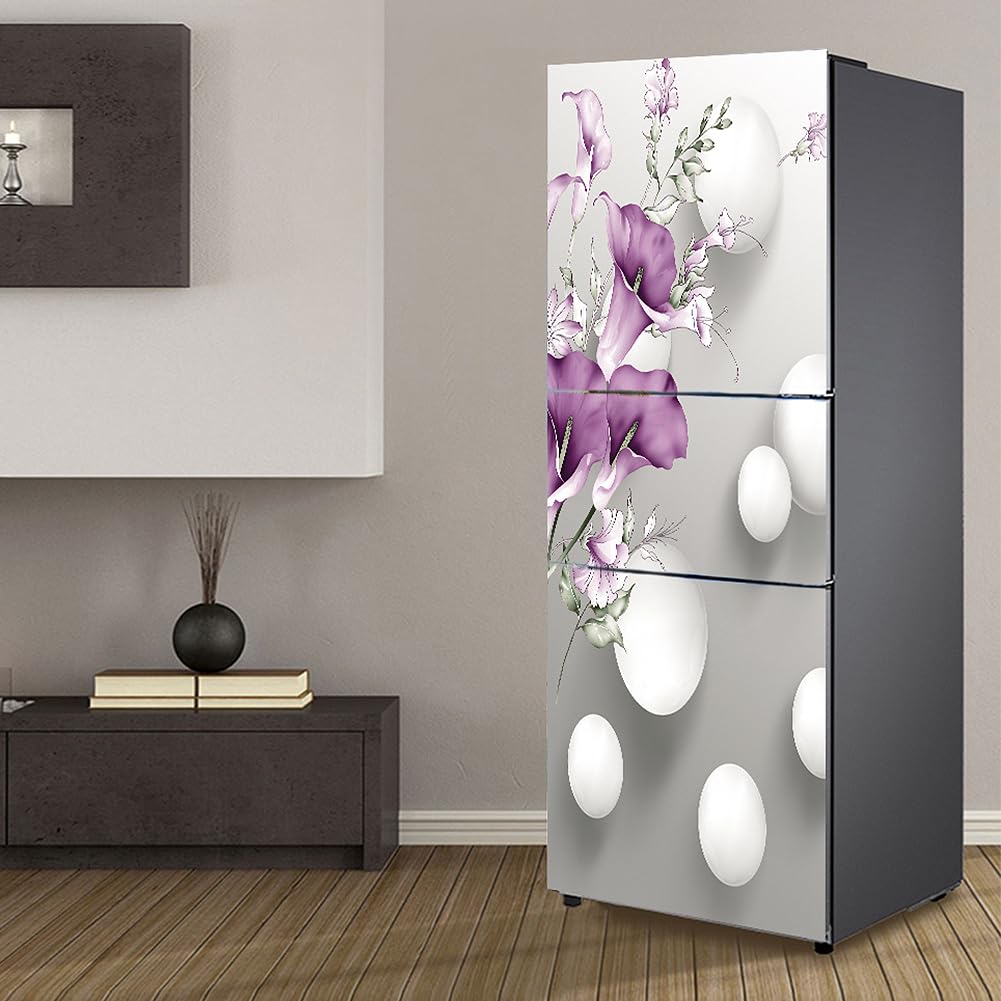 Myxjx One Color Fridge Wrap, Full Covering Door Fridge Covers Skins Wall Stickers For Kitchen Decal, Purple Flower Horseshoe Lotus