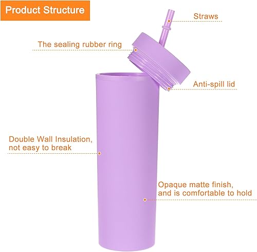 Miniatura 9 de uxcell Vaso delgado con tapas y popotes, 16 onzas, color verde mate, vaso de acrílico pastel reutilizable, vaso de plástico de doble pared para