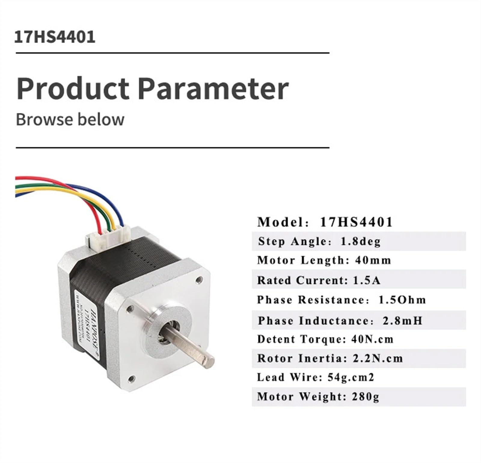 Motor paso a paso, 17HS4401 40mm Nema17 Motor paso a 42 Nema 17 42BYGH 1.5A 4 conductores for impresora 3D(5pcs)