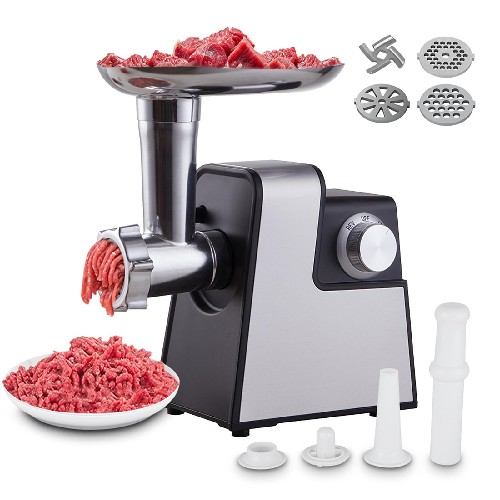 Picadora de carne eléctrica compacta, embutidora de salchichas doméstica pequeña con tubo de salchicha y kit Kubbe, picadora de carne para uso doméstico en la cocina