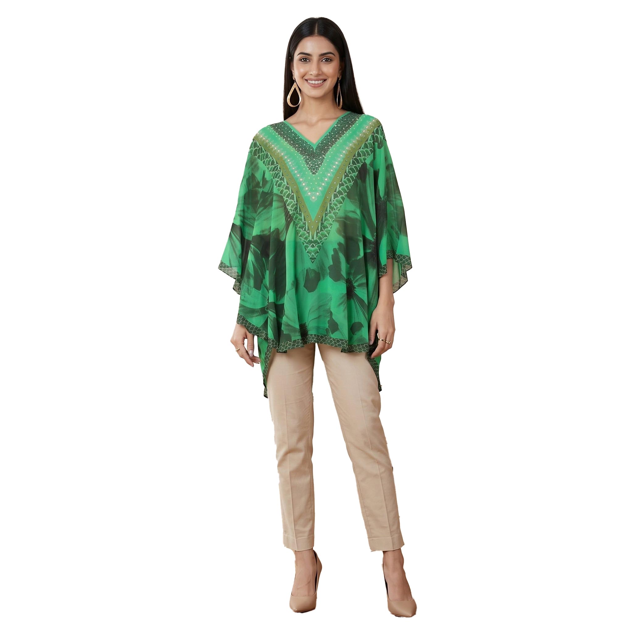 Forest Green Embellished Floral Tunic in Viscose Georgette for Women by Ramola Bachchan-image-19