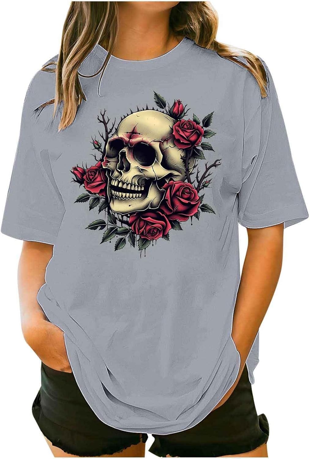 Womens Vintage Floral Skull Graphic Tee Shirts Summer Short Sleeve Tops Oversized Tshirts Trendy Casual Loose Blouse