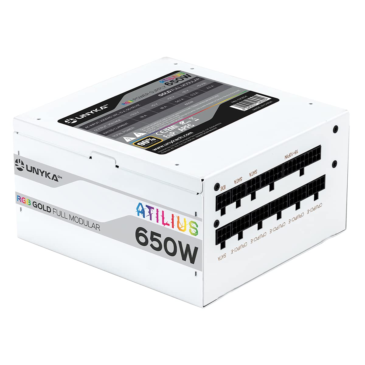 UNYKAch Fuente de Alimentación ATILIUS RGB White 650 W Full Modular, 90 % Eficiencia, ATX 2.31, Condensadores Taiwaneses, Ventilador RGB 120 mm