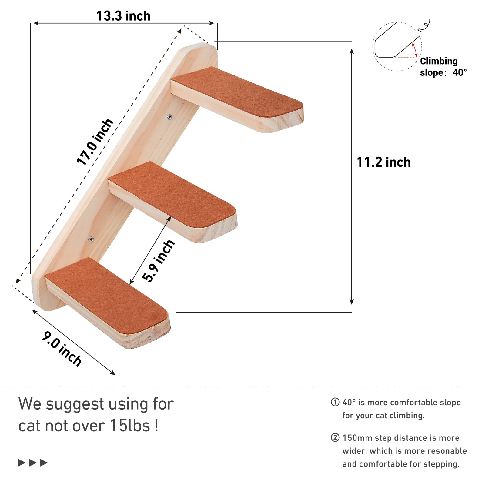 Purife Wood Cat Wall Ladder Wall Steps Handcrafted Cat Wall Climber