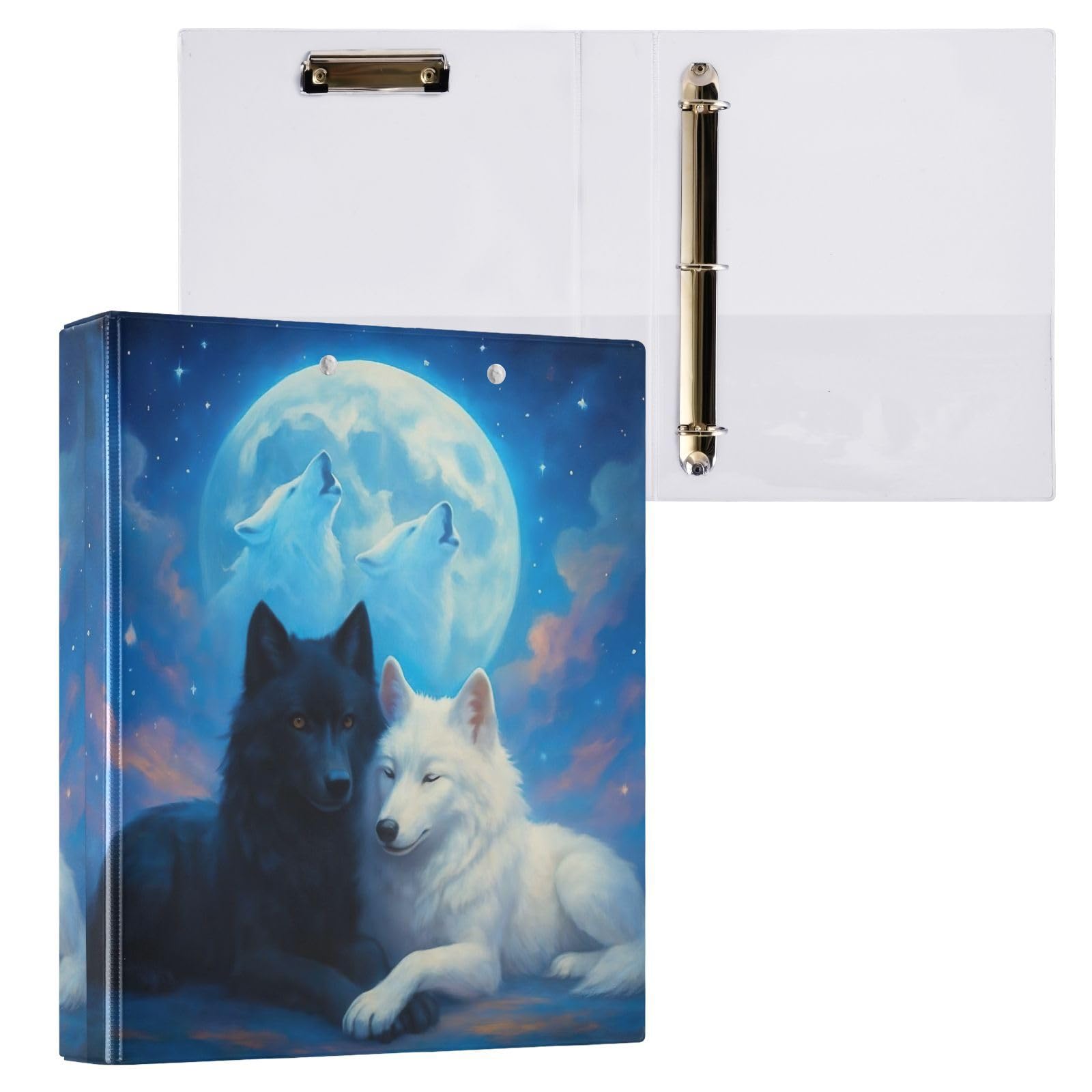 Raccoglitore a tre anelli stampato, 3,8 cm, raccoglitore ad anelli a D con tasche, raccoglitore decorativo per scuola, università o ufficio, lupo bianco e nero