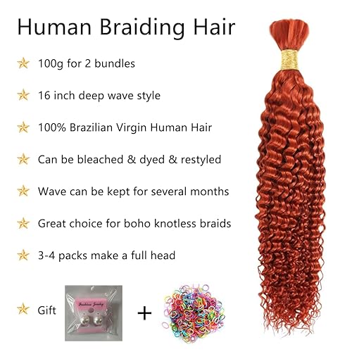 Miniatura 2 de Cabello humano trenzado para trenzas bohemias, 16 pulgadas, ondulado profundo, cabello humano a granel para trenzar, 100% virgen, 12A, rizado, micro