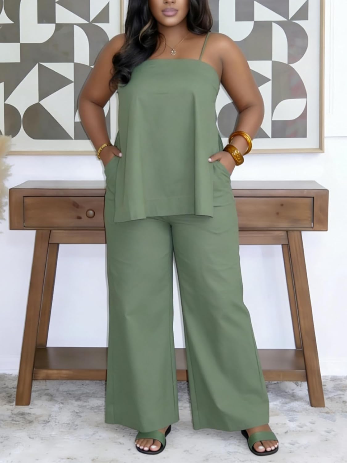 Lucuna Linen Sets for Women 2 Piece Spaghetti Strap Tank Top Wide Leg Pants Sets Summer Vacation Outfits