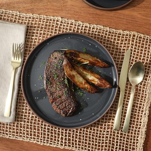 Image of Gibson Elite Northrock Stoneware Dinnerware Set, 12-Piece Service for 4 Plates and Bowls Set - Assorted Colors Blue, White, Pink, Gray Dishes with Hand-Painted Terracotta Base