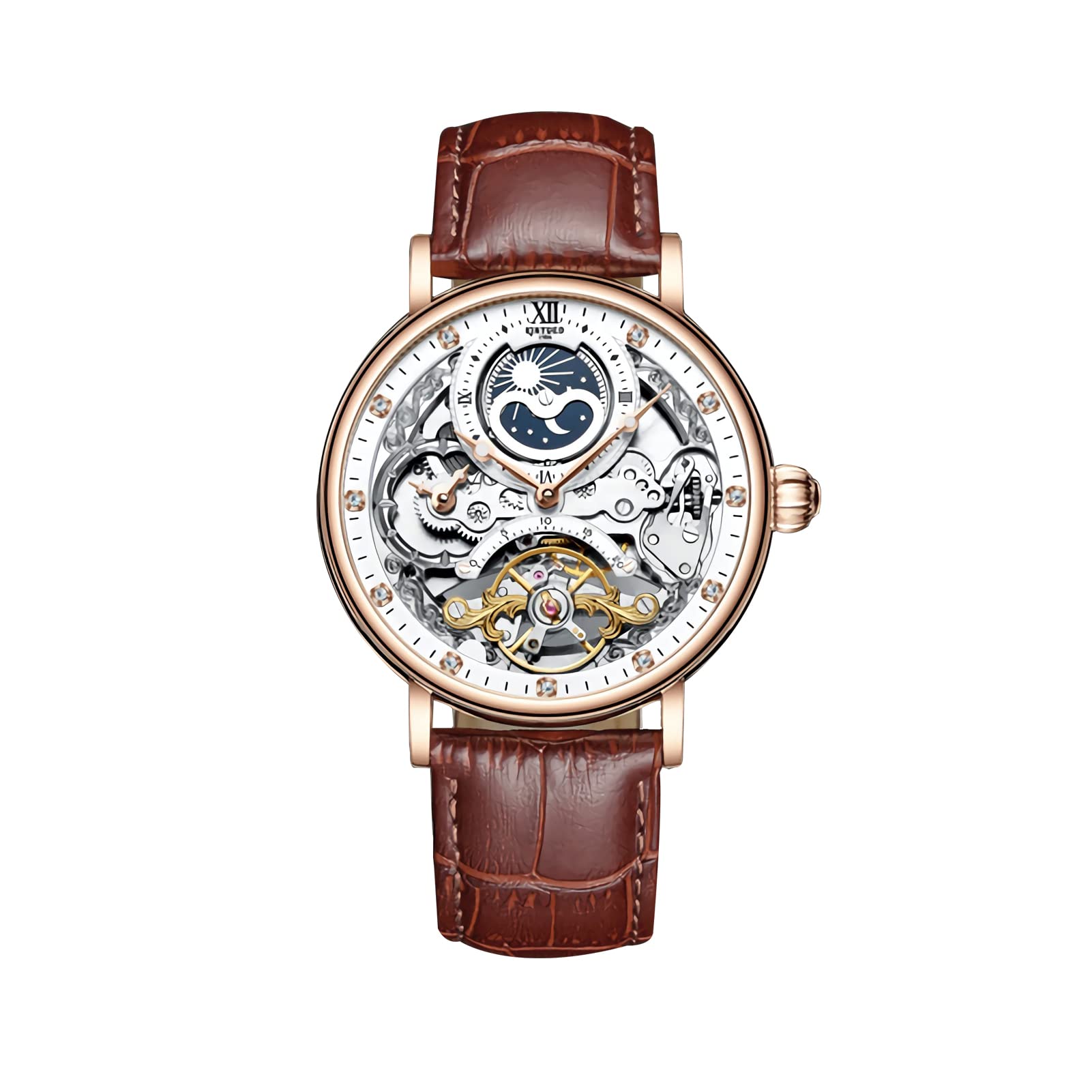 Tourbillon Herren-Armbanduhr mit Mondphasen, automatische Armbanduhr, modisch, Business, luxuriös, Skelett, doppelte Zeit, selbstaufziehendes Lederband, rot / goldfarben