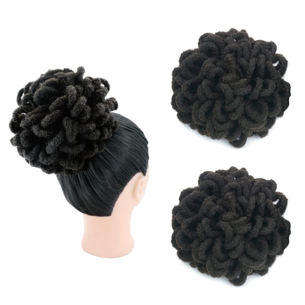 KGBFASS 2Pcs Locs Ponytail Drawstring Buns Loc Petal Bun Dreadlock Ponytail Braided Afro Puffs Faux Locs Bun Clip in on Braids Pony Tail Hairpieces