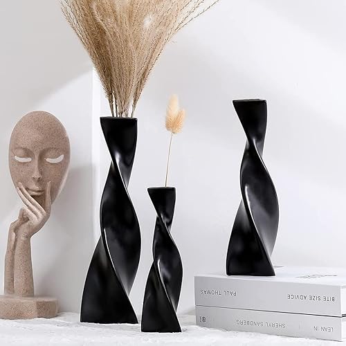 Ceramic Vases for Home Decor, Metallic Grey Black Twist Modern Decor Vases, Flower Decorative Vase, Pampas Grass Vase, 3Pcs Minimalist Nordic Boho Ins Style for Wedding Table Party Living Room