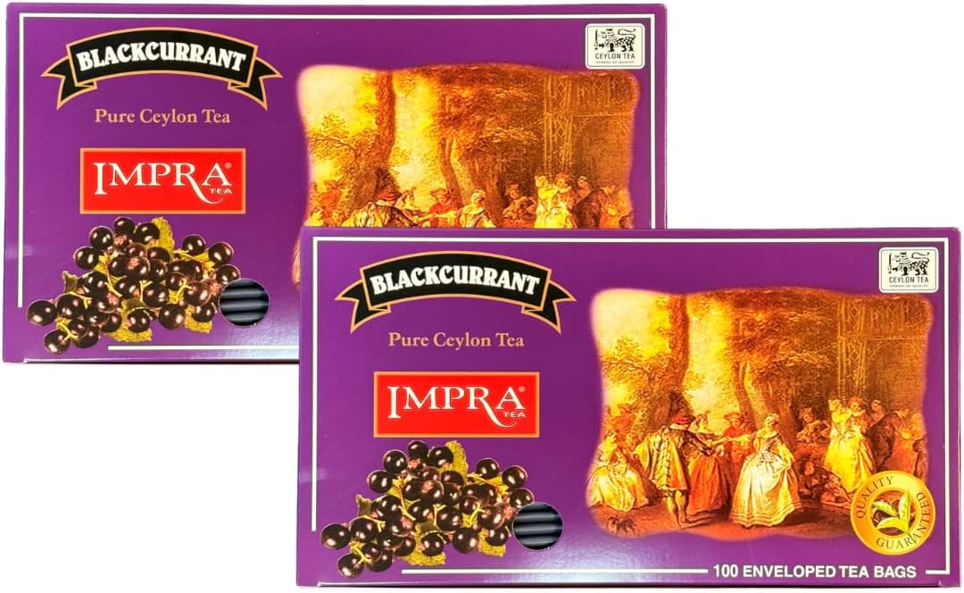 Impra Blackcurrant Flavored Ceylon Black Tea – 100 Individually Wrapped Foil Enveloped Tea Bags – Authentic Ceylon Origin – Fruity Aroma (Pack of 2)
