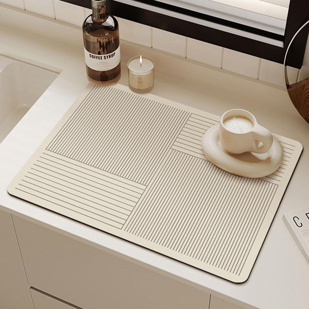 Odot Dish Drainer Mat, Non Slip Washable Drainer Mat Line Design Beige Dish Drying Mats for Kitchen Nanofiber Diatomaceous Earth Multifunctional Drying Mat (40x70cm,Rectangle)