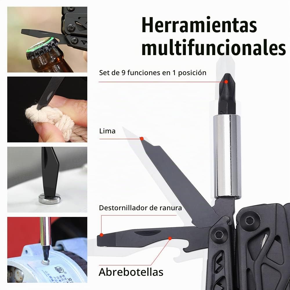 NexTool Black Knight Herramienta Multiusos, 11 IN 1 Multiherramienta, Acero Inoxidable Navajas Multiusos con Cuchillos Tijeras Sierras Abrebotellaspara Juego de puntas 9 IN 1y Bolsa de Nylon