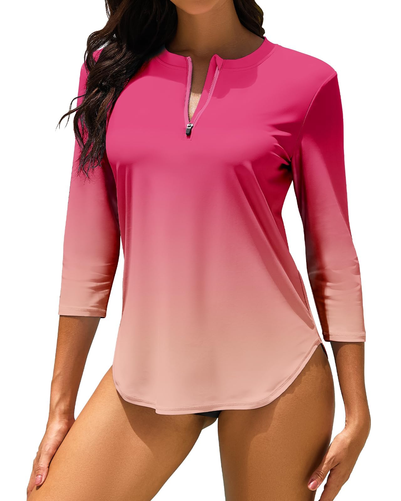 WOWENY UV Shirt Damen Schwimmshirt 3/4 Arm Rashguard mit 1/4 Zip UPF 50+ UV Schutz Schnelltrocknend Badeshirt für Wassersport Surf Strand