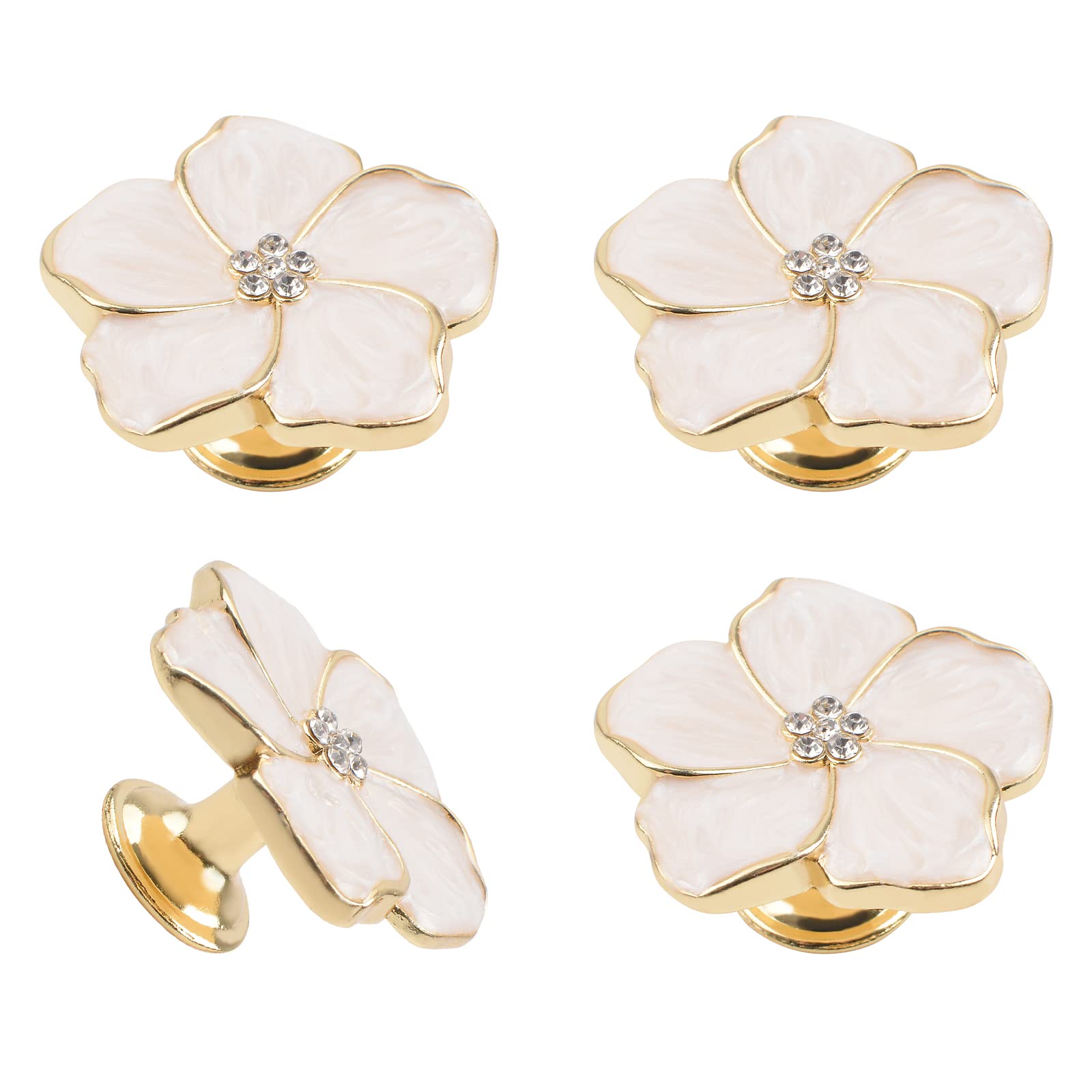 Morobor Light Pink 4Pcs Petal Drawer Knobs, Creative Cabinet Drawer Pulls Gold Silk Enamel Single Hole Zinc Alloy Knobs For Dresser Wardrobe Door Furniture/Gold Base With White Dispensing Surface