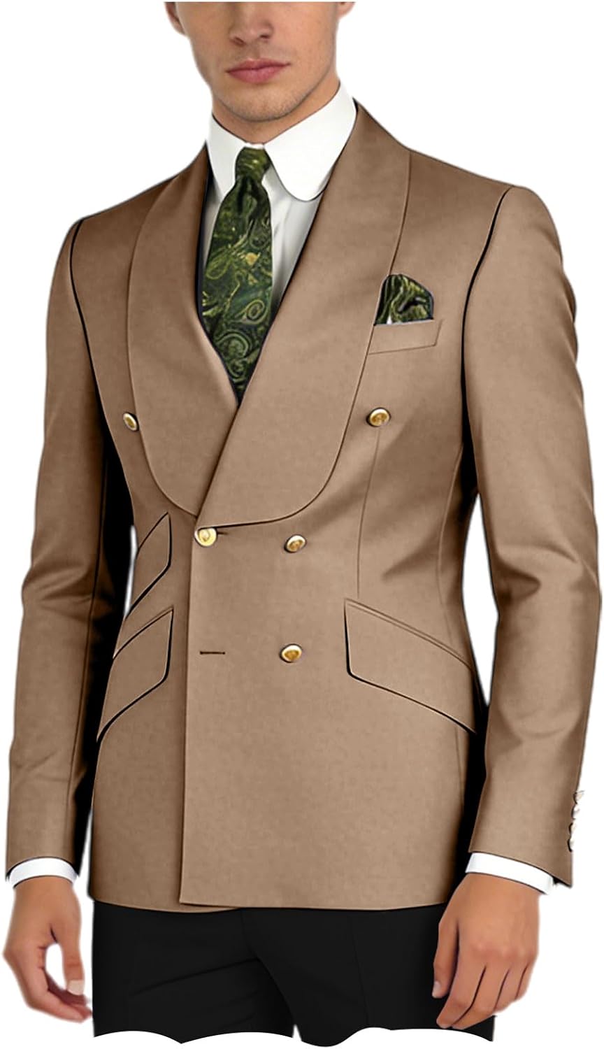 Men's Double Breasted Blazer Slim Fit Shawl Collar Suit Jacket Luxury Sport Coat for Business Wedding Formal Wear
