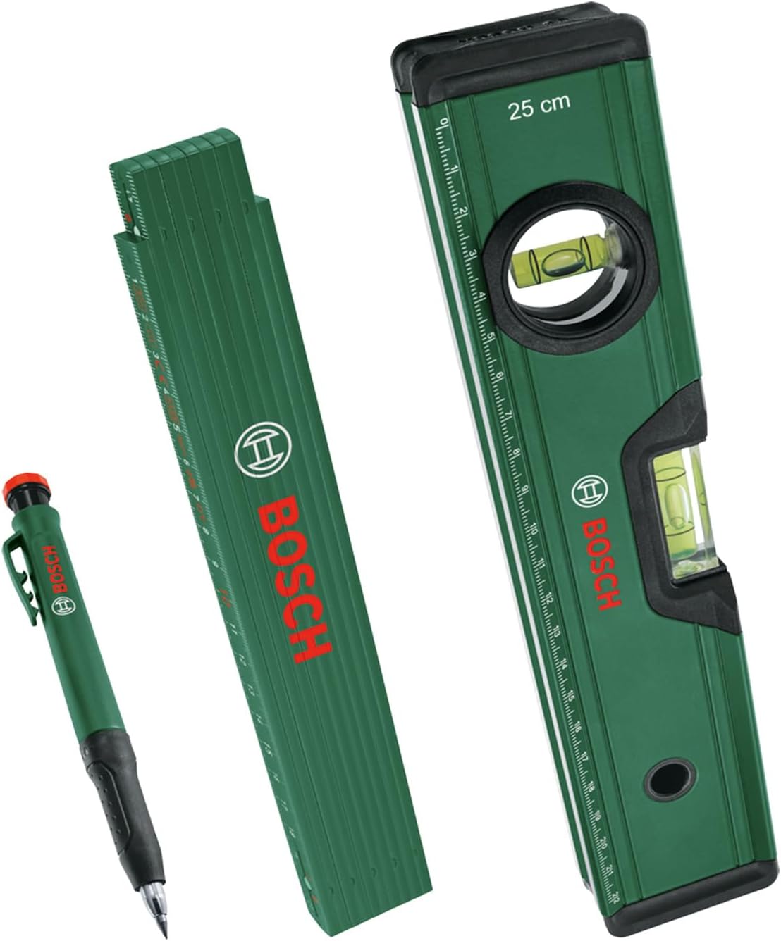 Marking Set (Precise Alignment and Marking with Spirit Level 25cm, Folding Ruler 2m and Deep Hole Marker Pencil)