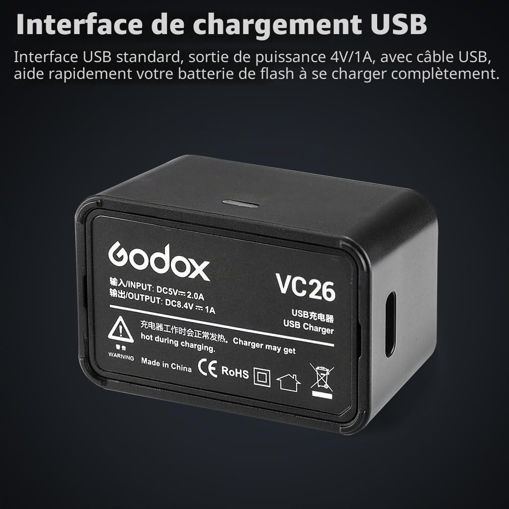 Godox VB26 VB26B Batterie 7.2V 2980MAh pour Godox V1 C/N/S/F/O/P Flash Rond et Godox V860iii S/N/C/F/O/P Flash V850III AD100Pro Flash