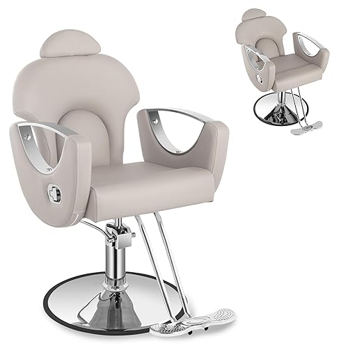 Silla de peluquería reclinable gris para el hogar de la peluquería, silla giratoria de 360 grados para estilista, silla hidráulica ajustable para