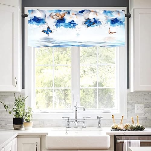 Iffvgx Blue Butterfly Valance 54Wx18H Rod Pocket Small Curtains & Valance For Dining Room Blue Butterfly Flower Print Home Draperies Romantic Floral Window Treatments Decorative For Kitchen Cafe Decor #TOP6