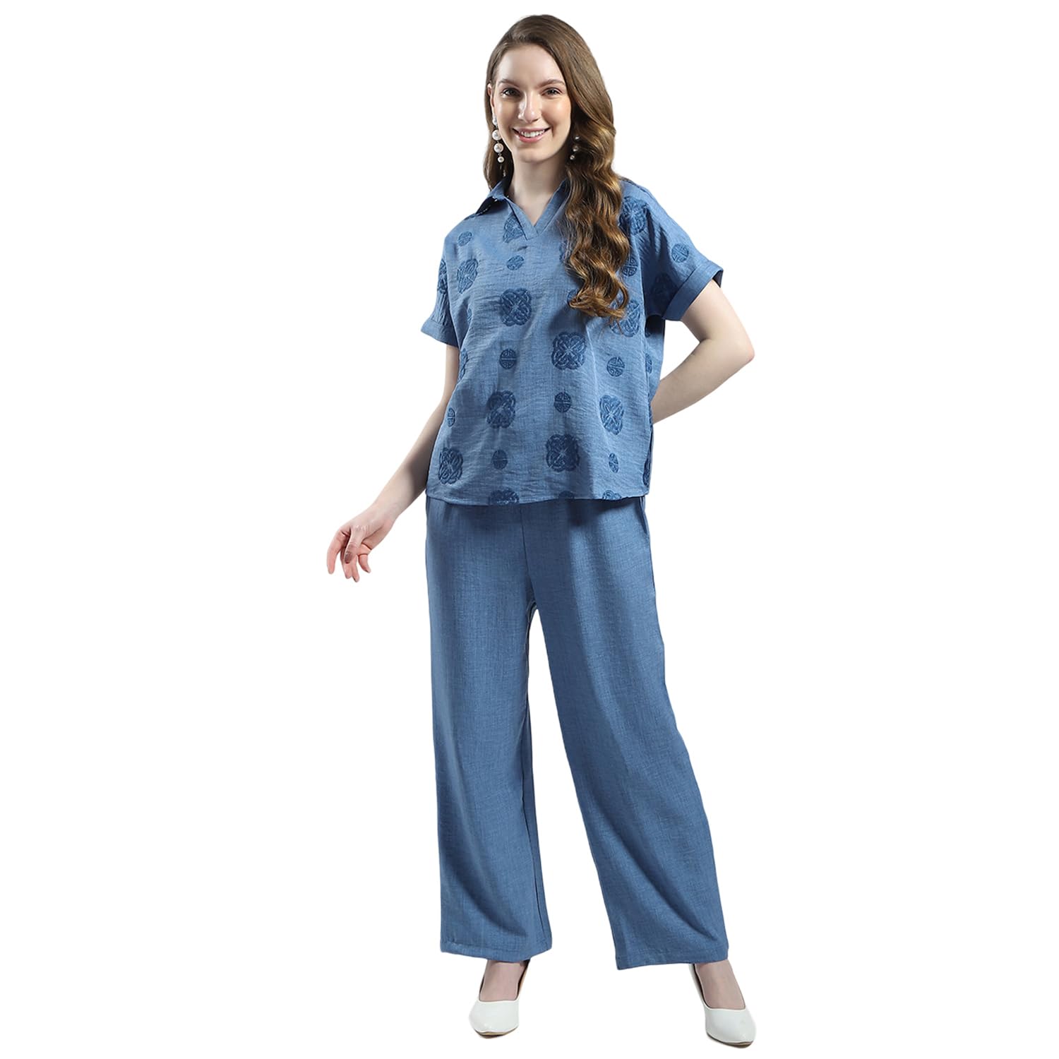 monte carlo Women's Embroidered Co-ord Set | Short Sleeve Collar Neck Shirt & Wide-Leg Pants | Chic & Comfortable Cord Set For Women's-picture-17