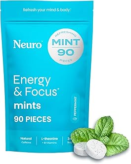 Neuro Energy & Focus Mints - Sugar Free Breath Mints with 40mg Natural Caffeine, B Vitamins & L-Theanine - Vegan Brain Supplement for Exercise, Study & Daily Focus - Peppermint, 90 ct