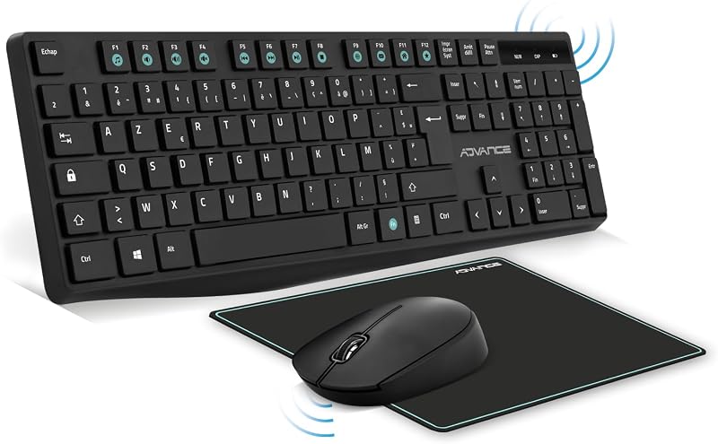 AD ADVANCE Elite Vezeték Nélküli Billentyűzet-Egér Szett - Fekete, 3 Részes Csomag, Ergonomikus, USB Csatlakozás, PC/Laptop/Tablet Kompatibi