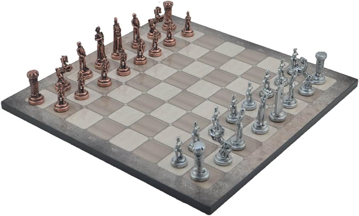 Metal Chess Set for Adults Medium Medieval British Army Antique Copper Figures,Handmade Pieces and Different Design Wooden Chess Board (Platin Oak)