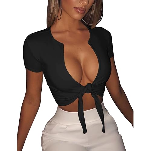 BORIFLORS Women's Sexy Deep V Neck Tie Front Crop Tops