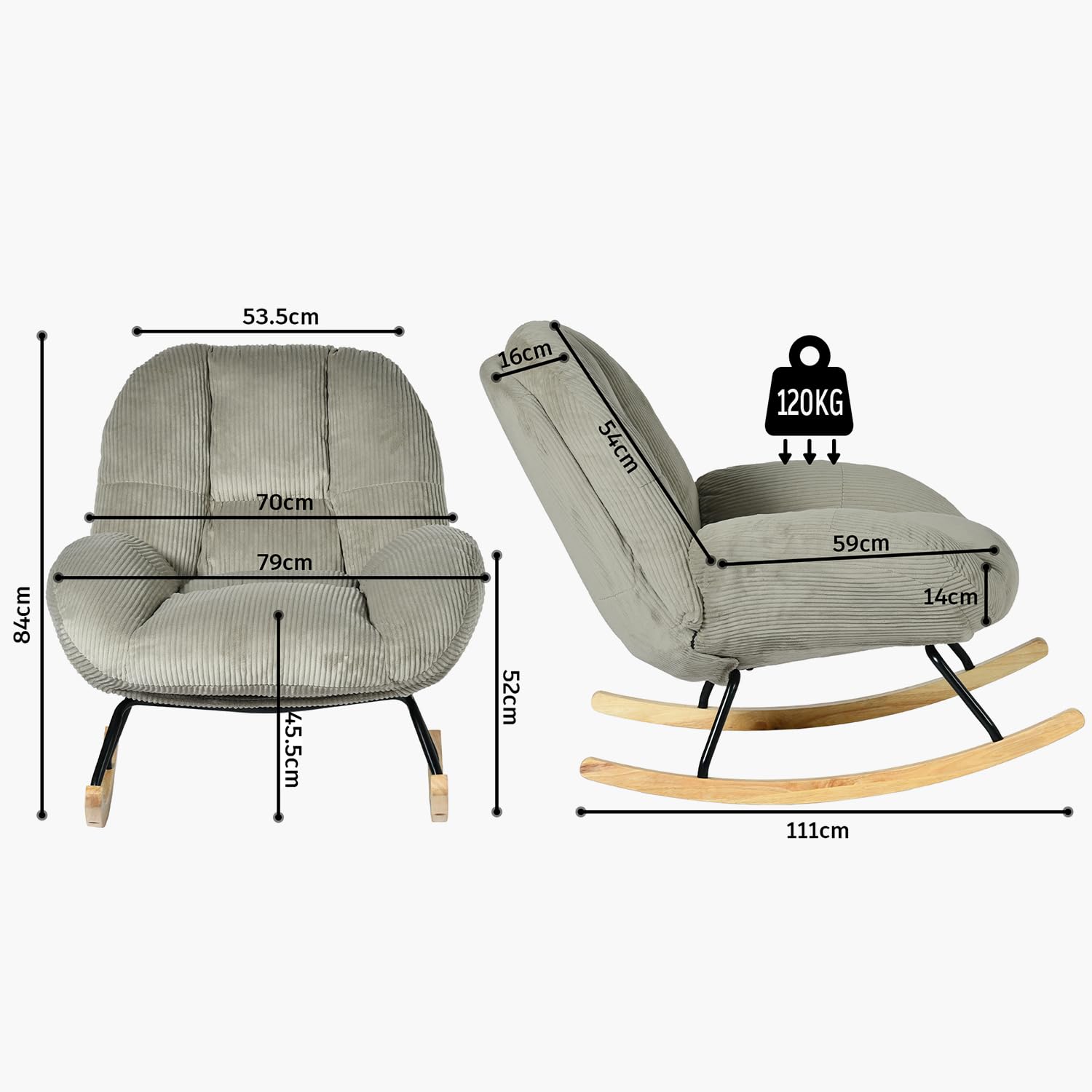Meuble Cosy Poltrona a dondolo scandinava, in velluto a coste, sedia a dondolo per allattamento, gambe in legno di Hevea per soggiorno, camera da letto, grigio