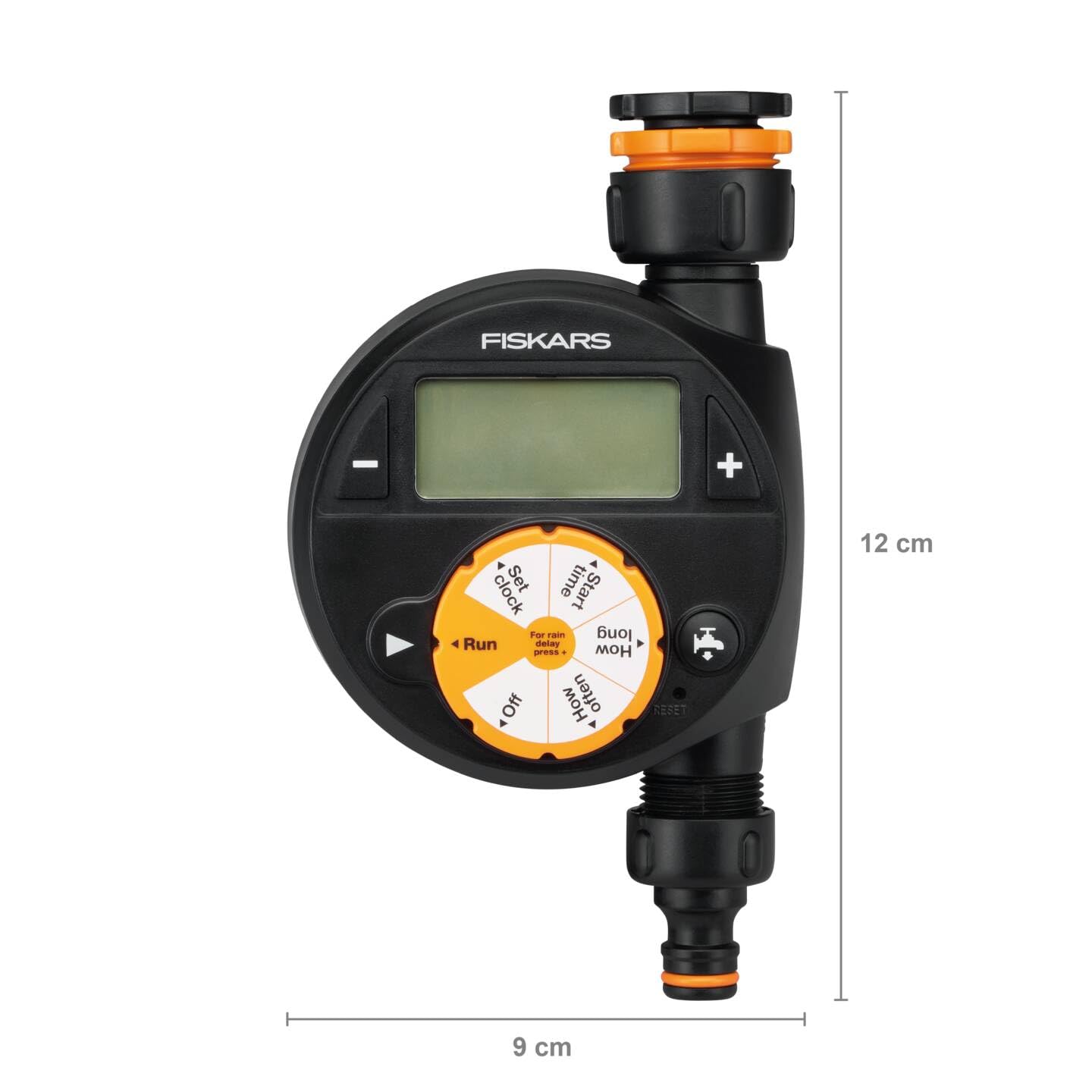 Fiskars Programador/Timer con 1 salida, Para todos los tamaños de grifo habituales, Pantalla LCD de fácil lectura, Tamaño universal, 380 g, Negro/Naranja, 1054791