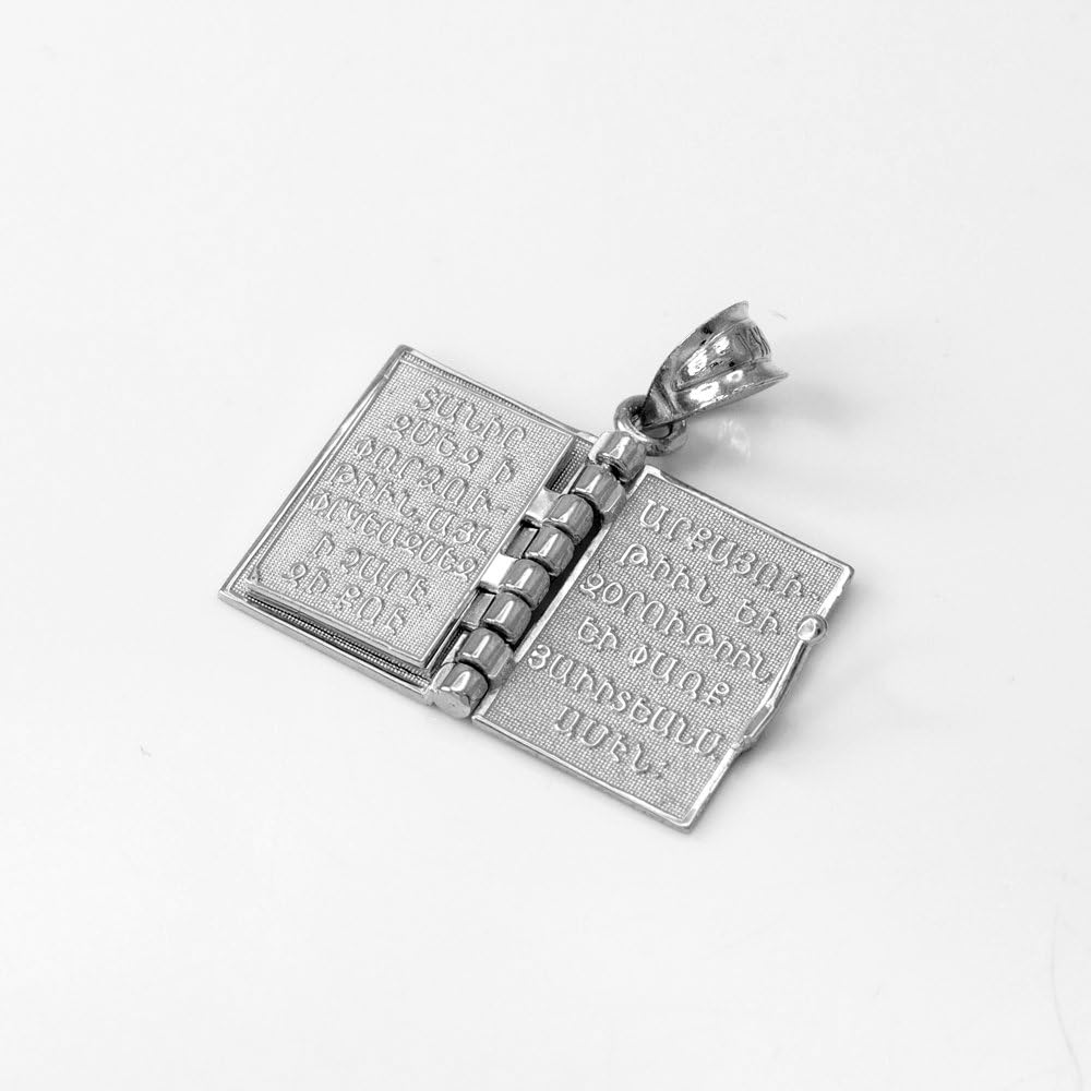 Religious Jewelry Polished Sterling Silver 3D Armenian Holy Bible Book w/Lord's Prayer Pendant Necklace - Image 6