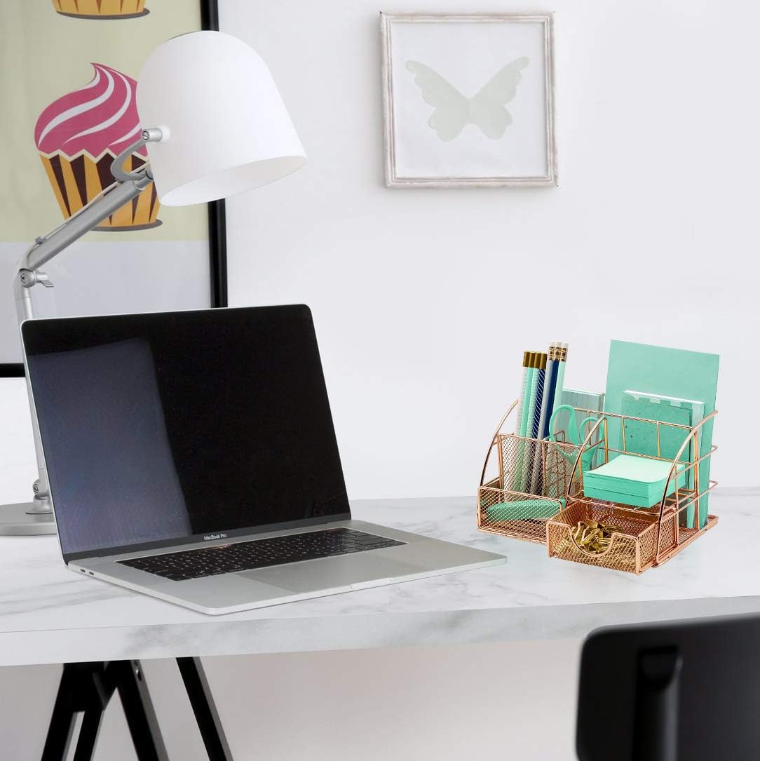 Sorbus Rose Gold Desk Organizer for Women, Cute Office Accessories Decor, Desktop Caddy Supplies Organization Includes Pen/Pencil Holder, Mail Organizer, and Sliding Drawer for Home or Office(Copper/Rose Gold) : Office Products