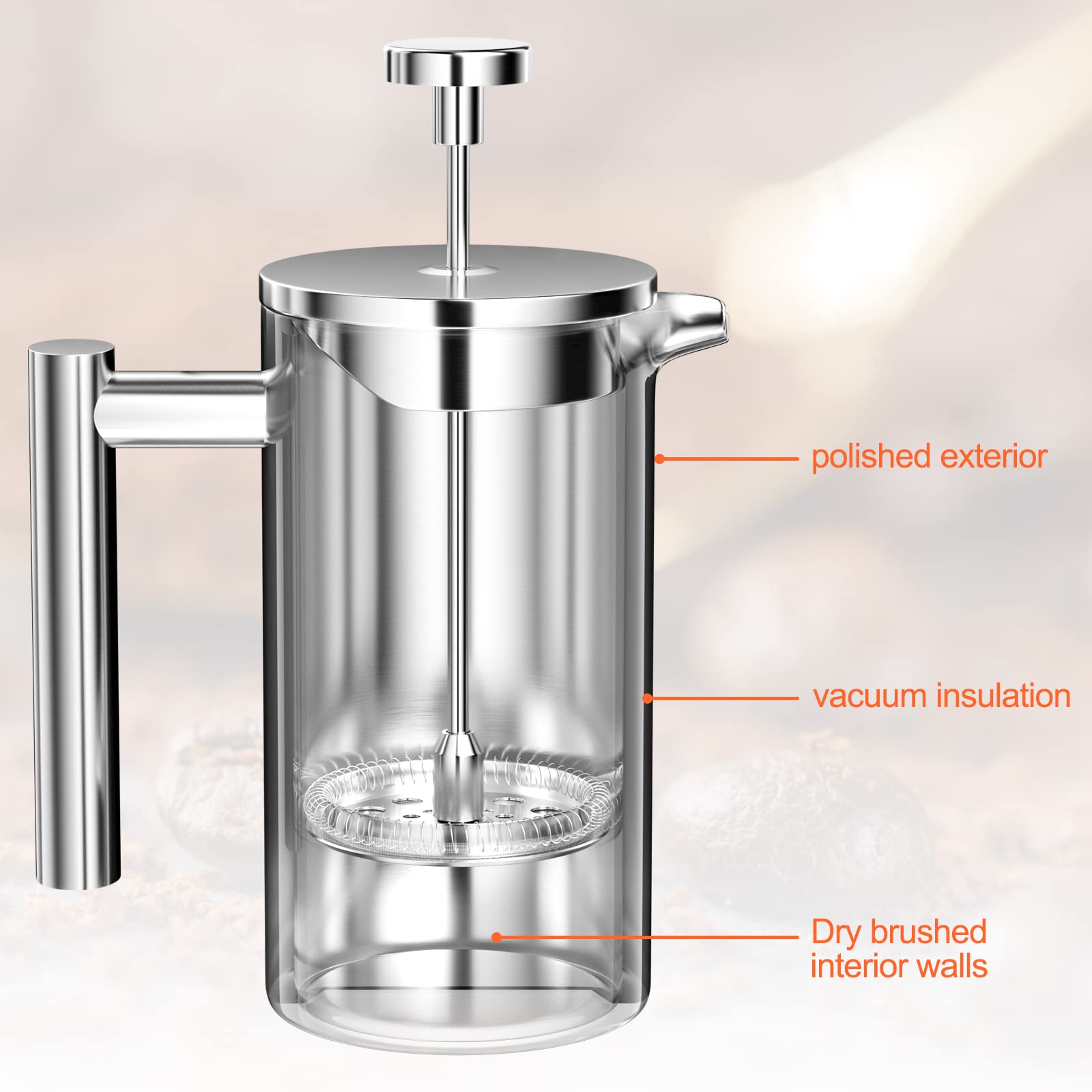 Uootach Caffettiera in acciaio inox con triplo filtro francese, 1000 ml, ideale per casa, viaggi, campeggio (argento)