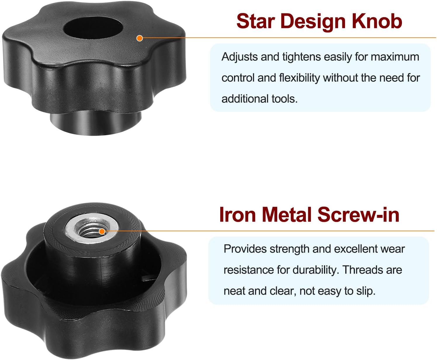 HARFINGTON 4pcs Star Knobs M8 Female Thread 48mm Head Plastic Through Hole Brass Screw-in Clamping Handles Threaded Hand Knobs, Black